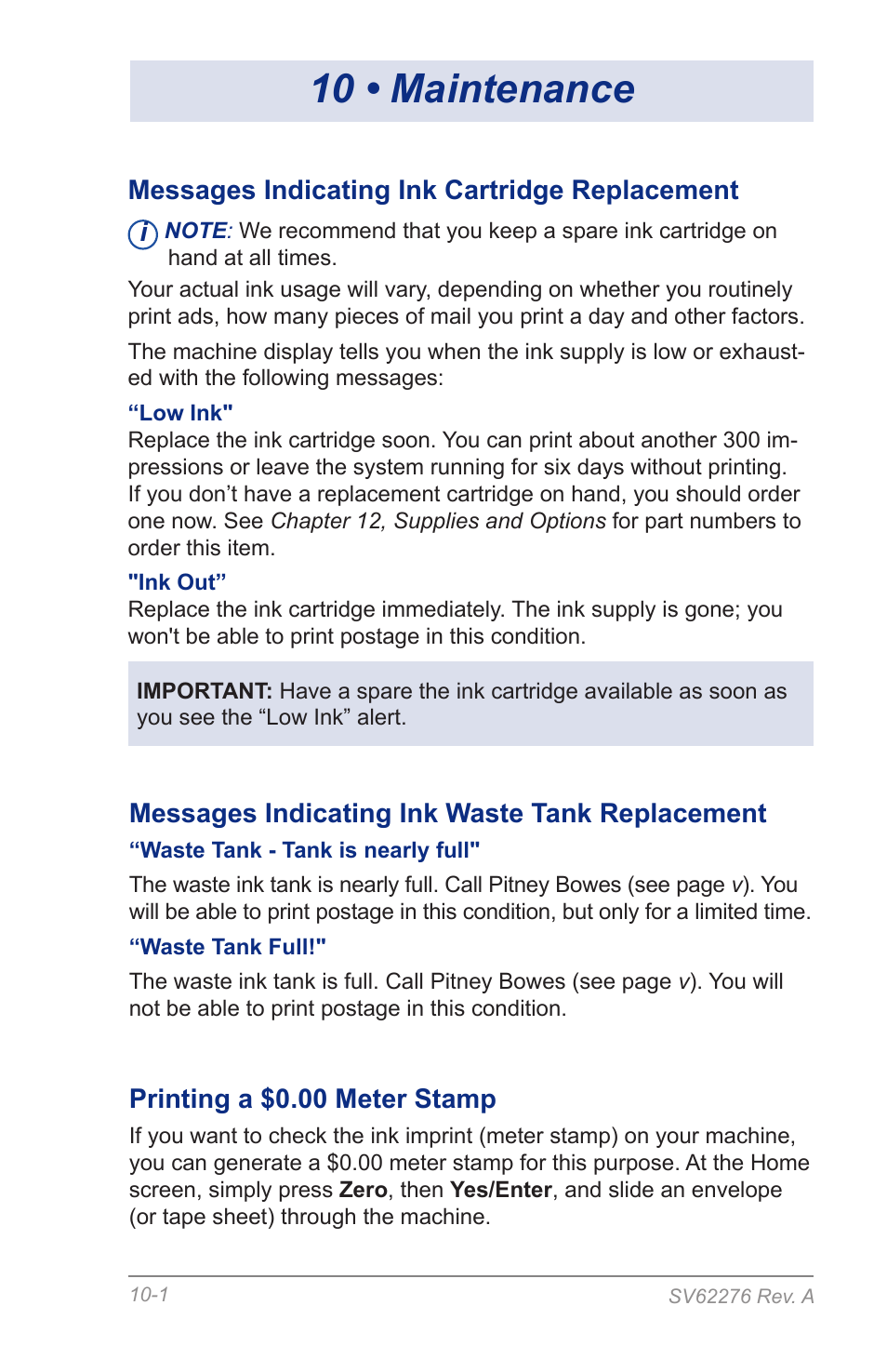 10 • maintenance, Messages indicating ink cartridge replacement, Messages indicating ink waste tank replacement | Printing a $0.00 meter stamp | Pitney Bowes DM125 User Manual | Page 143 / 209