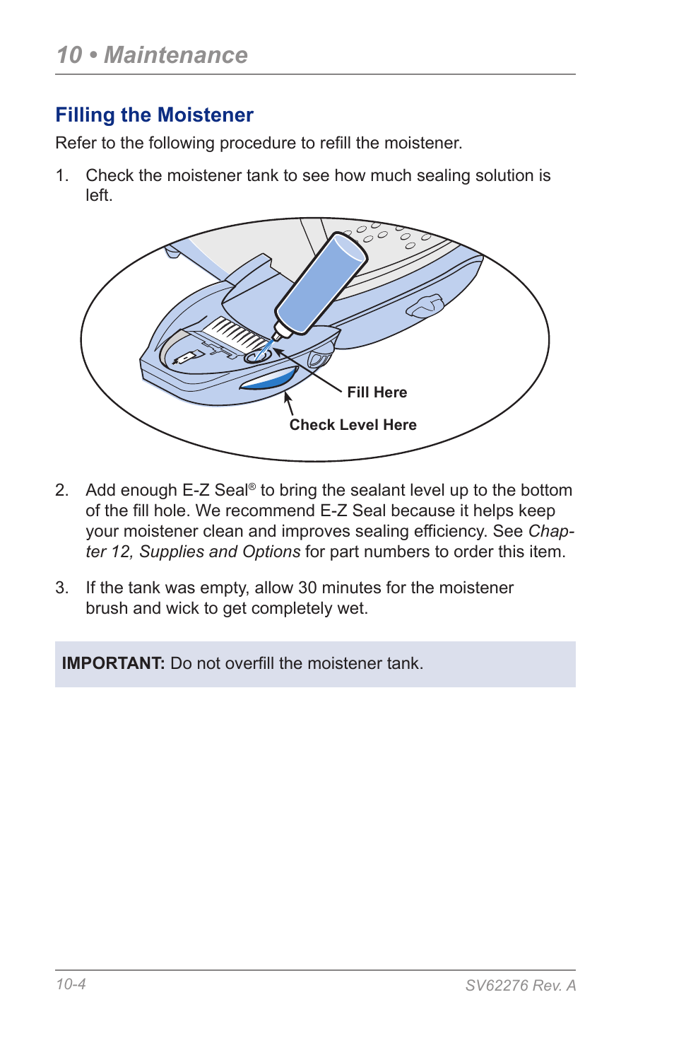 Filling the moistener, 10 • maintenance | Pitney Bowes DM125 User Manual | Page 146 / 209