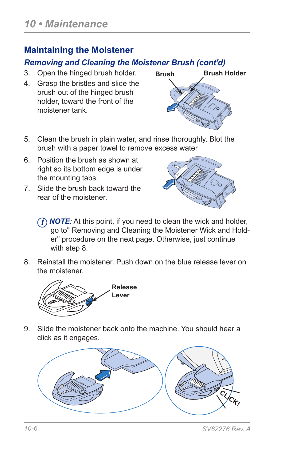 10 • maintenance, Maintaining the moistener | Pitney Bowes DM125 User Manual | Page 148 / 209