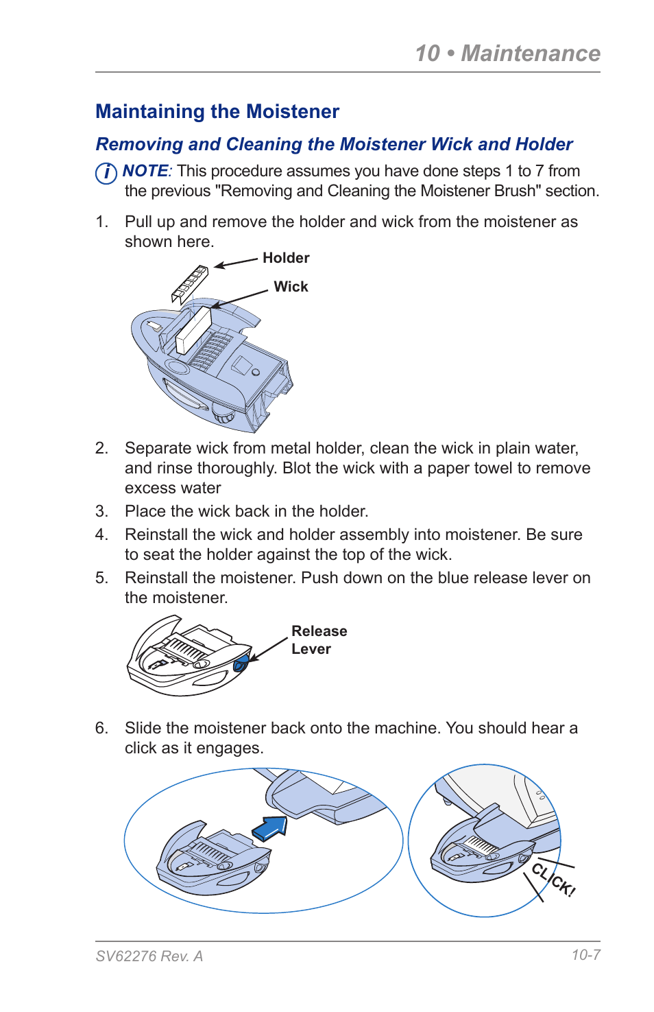 10 • maintenance, Maintaining the moistener | Pitney Bowes DM125 User Manual | Page 149 / 209