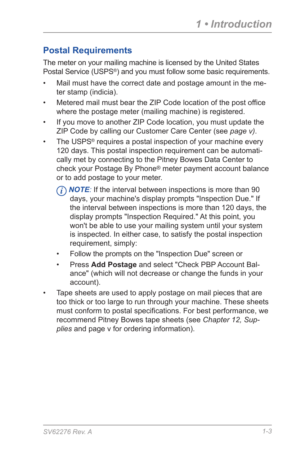 Postal requirements, 1 • introduction | Pitney Bowes DM125 User Manual | Page 15 / 209