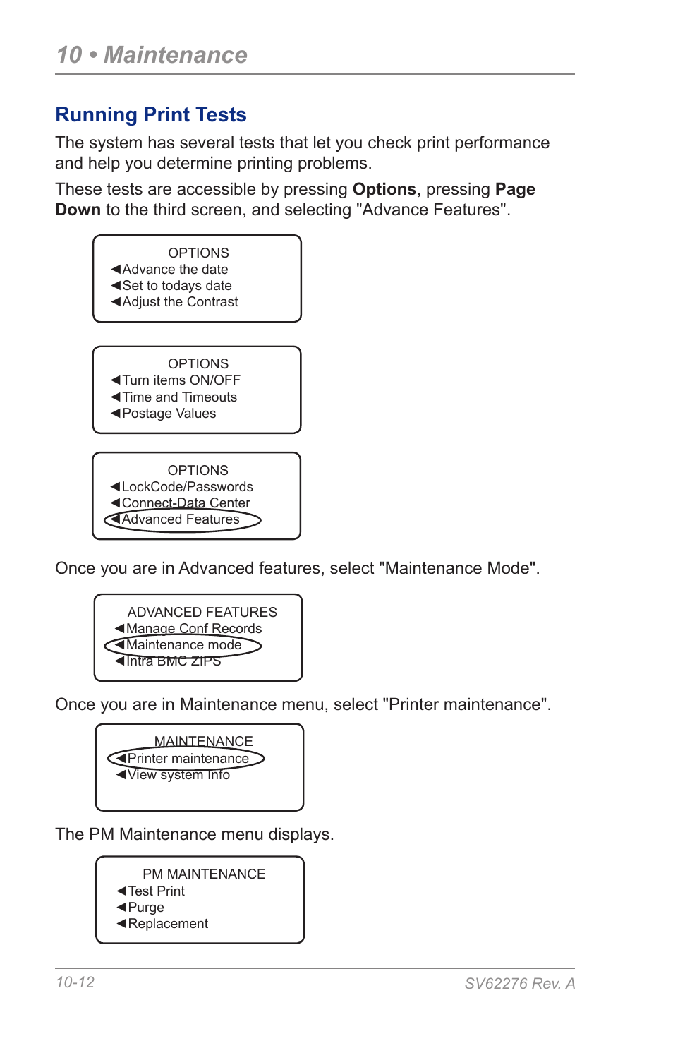 Running print tests, 10 • maintenance | Pitney Bowes DM125 User Manual | Page 154 / 209