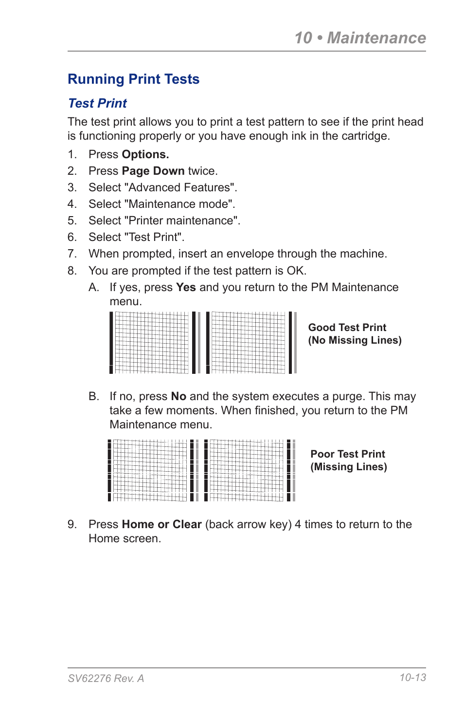 Test print, 10 • maintenance, Running print tests | Pitney Bowes DM125 User Manual | Page 155 / 209