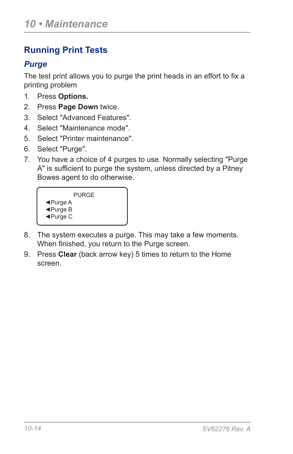 Purge, 10 • maintenance, Running print tests | Pitney Bowes DM125 User Manual | Page 156 / 209