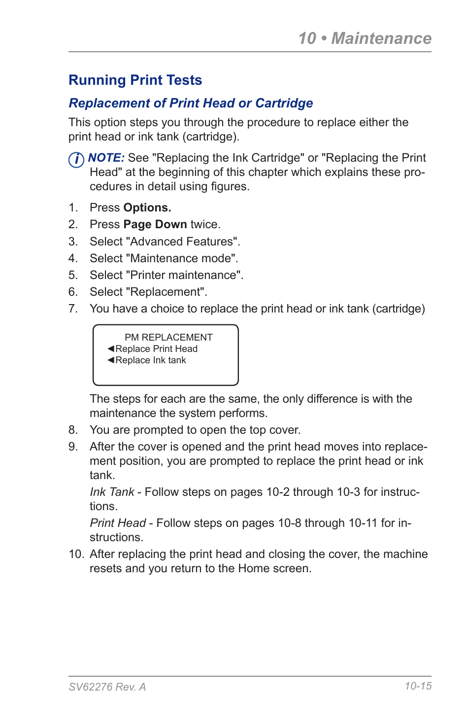 Replacement of print head or cartridge, 10 • maintenance, Running print tests | Pitney Bowes DM125 User Manual | Page 157 / 209