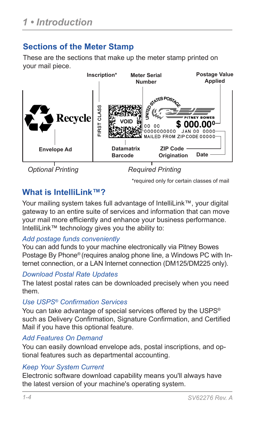 Sections of the meter stamp, What is intellilink, 1 • introduction | Pitney Bowes DM125 User Manual | Page 16 / 209