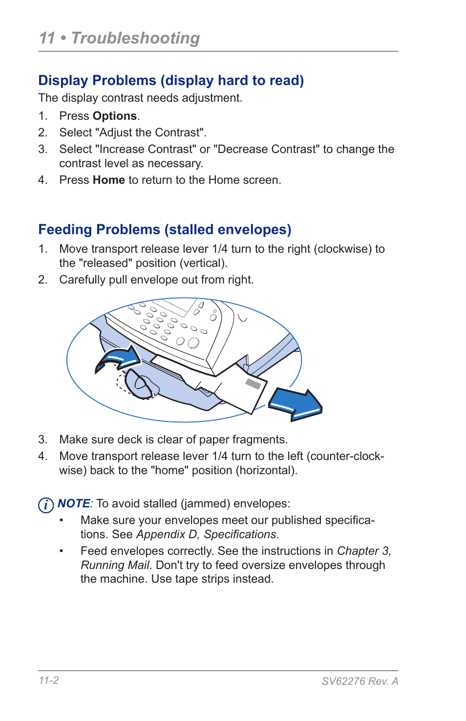 Display problems (display hard to read), Feeding problems (stalled envelopes), 11 • troubleshooting | Pitney Bowes DM125 User Manual | Page 160 / 209