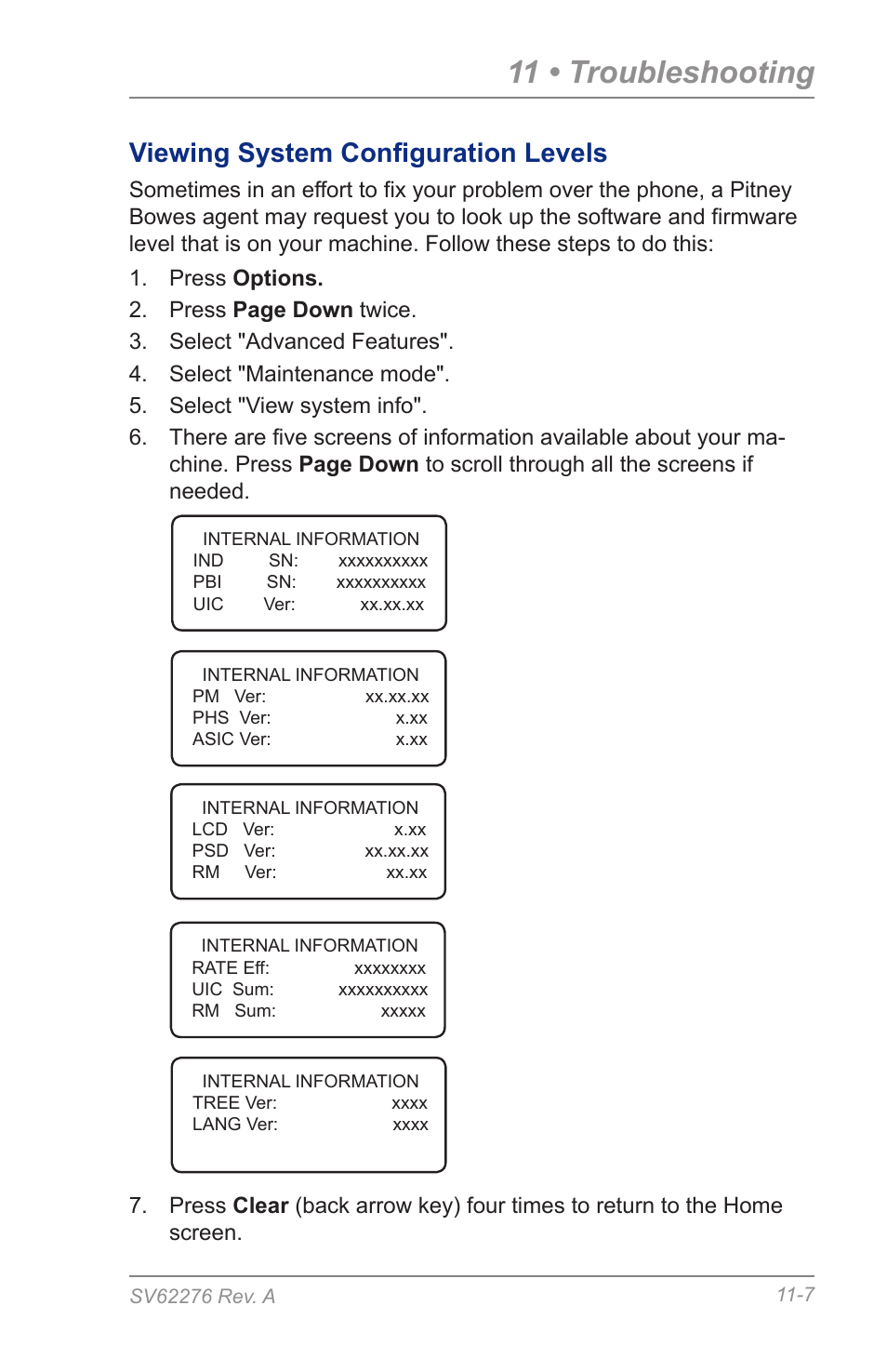 Viewing system configuration levels, 11 • troubleshooting | Pitney Bowes DM125 User Manual | Page 165 / 209