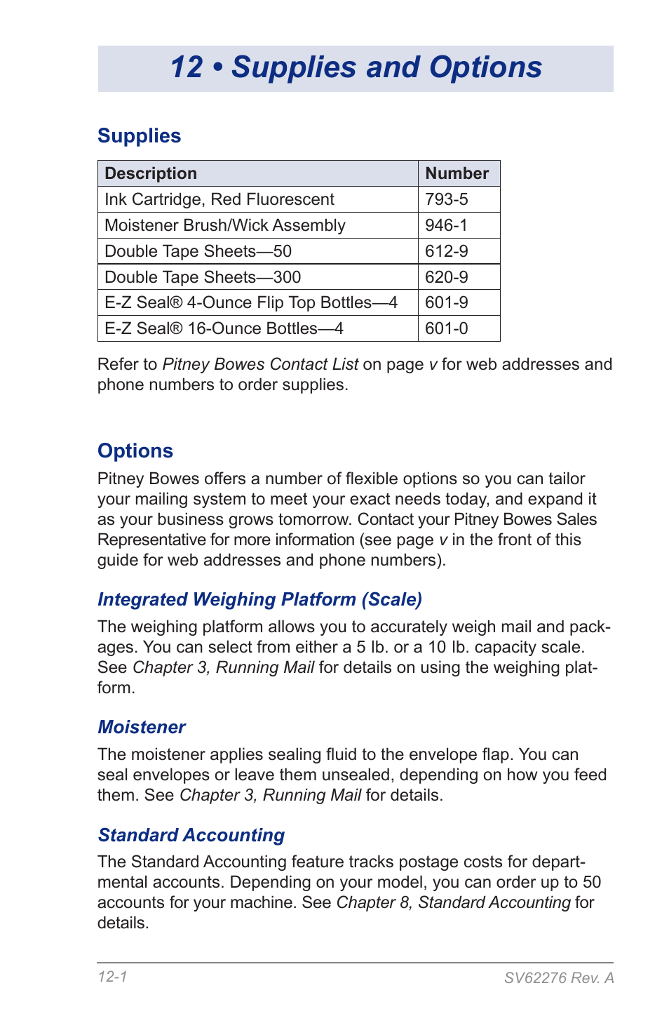 12 • supplies and options, Supplies, Options | Supplies options | Pitney Bowes DM125 User Manual | Page 167 / 209