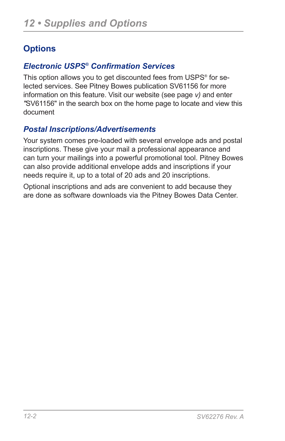 12 • supplies and options, Options | Pitney Bowes DM125 User Manual | Page 168 / 209