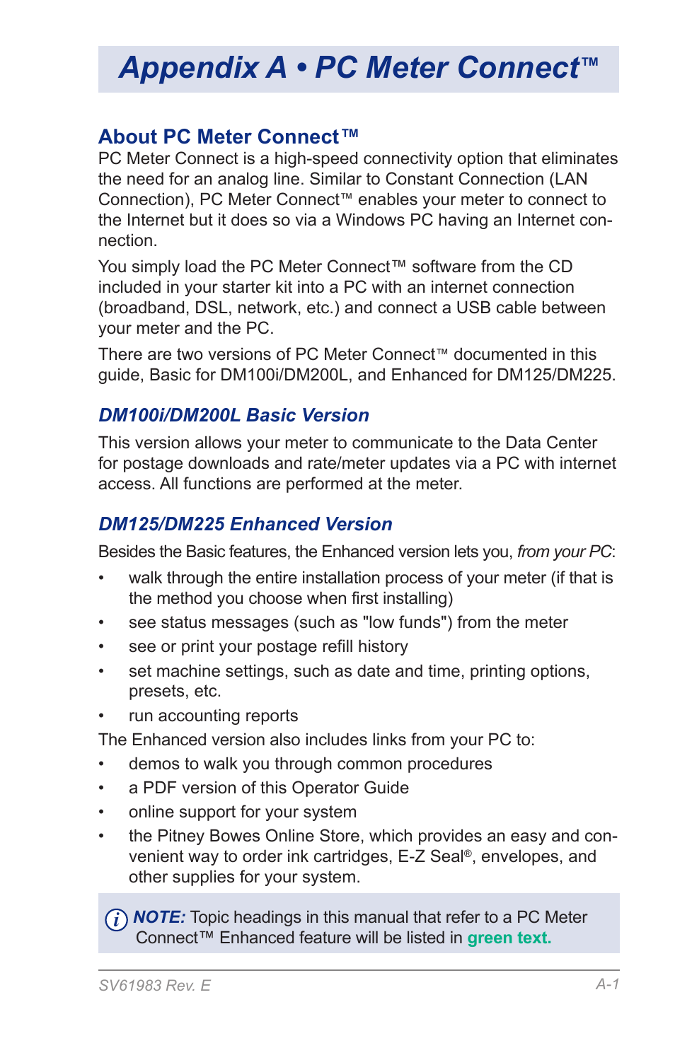 Appendix a • pc meter connect, About pc meter connect, Dm100i/dm200l basic version | Dm125/dm225 enhanced version | Pitney Bowes DM125 User Manual | Page 169 / 209