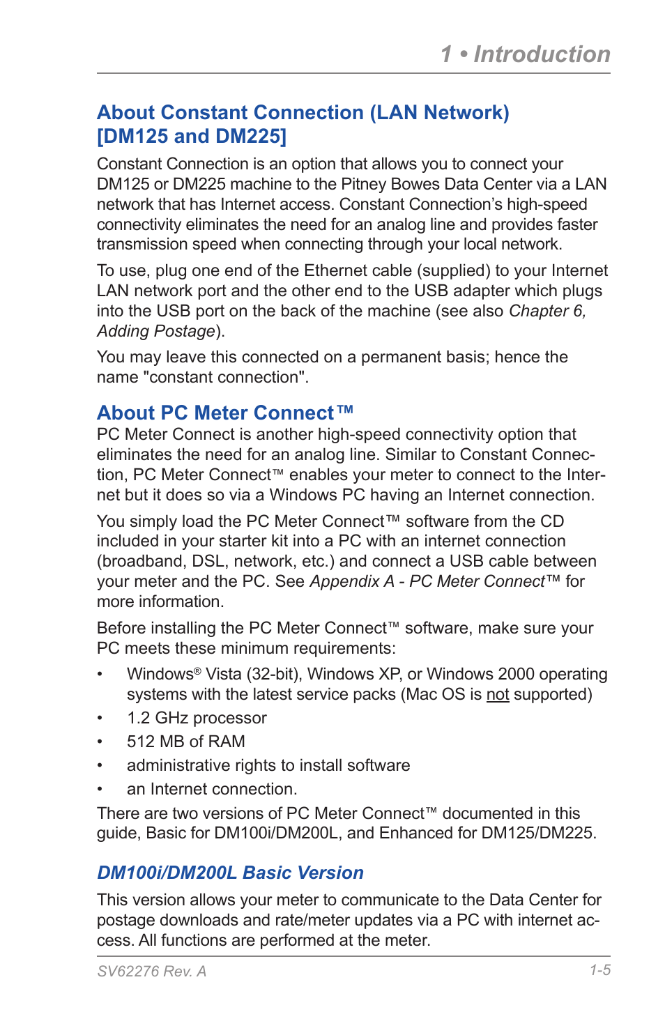 About pc meter connect, 1 • introduction | Pitney Bowes DM125 User Manual | Page 17 / 209