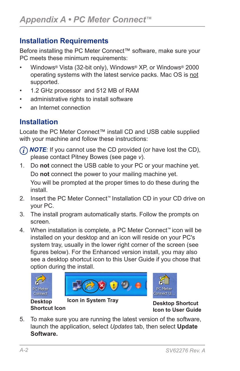 Installation requirements, Installation, Appendix a • pc meter connect | Pitney Bowes DM125 User Manual | Page 170 / 209