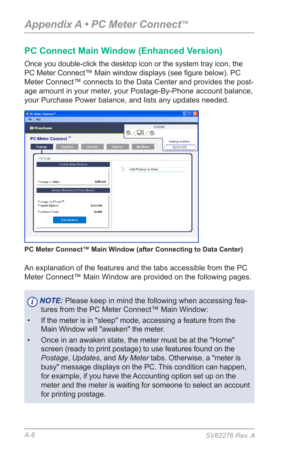 Pc connect main window (enhanced version), Appendix a • pc meter connect | Pitney Bowes DM125 User Manual | Page 174 / 209