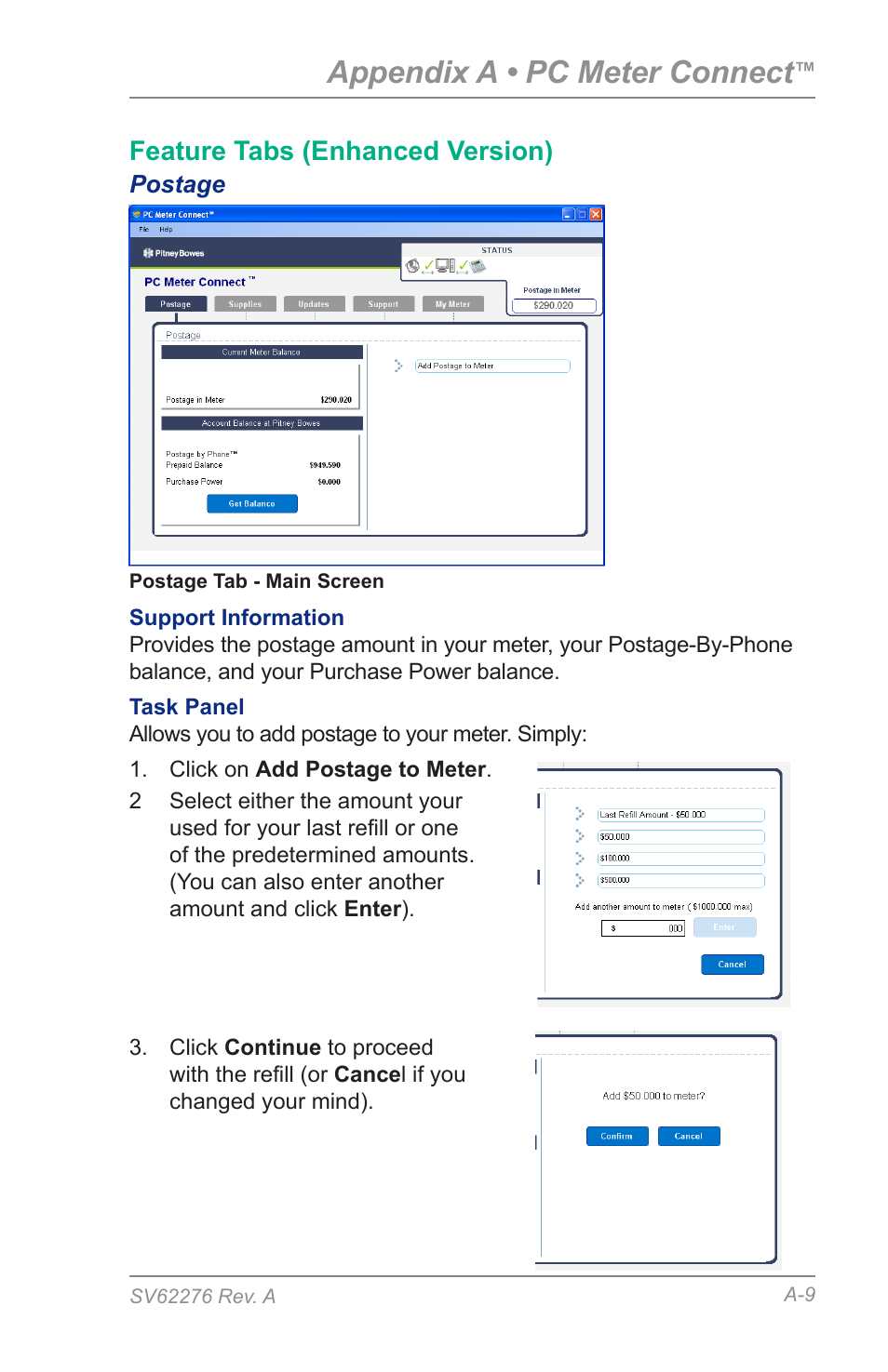 Feature tabs (enhanced version), Postage, Appendix a • pc meter connect | Pitney Bowes DM125 User Manual | Page 177 / 209