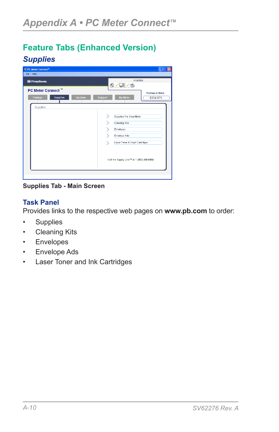 Supplies, Appendix a • pc meter connect, Feature tabs (enhanced version) | Pitney Bowes DM125 User Manual | Page 178 / 209