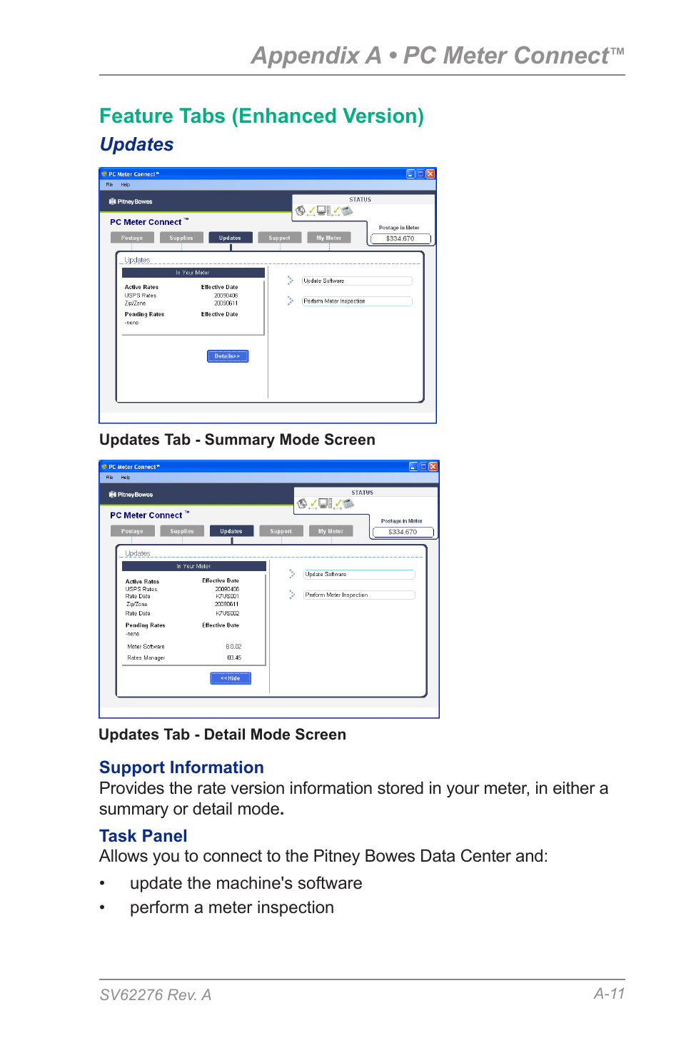 Updates, Appendix a • pc meter connect, Feature tabs (enhanced version) | Pitney Bowes DM125 User Manual | Page 179 / 209