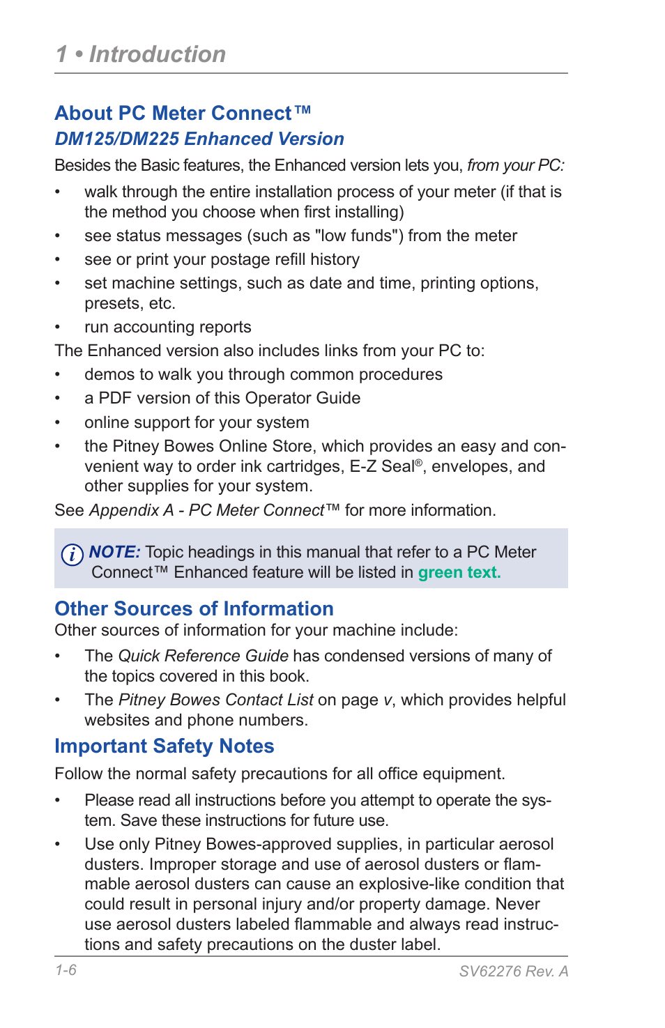 Other sources of information, Important safety notes, 1 • introduction | Pitney Bowes DM125 User Manual | Page 18 / 209