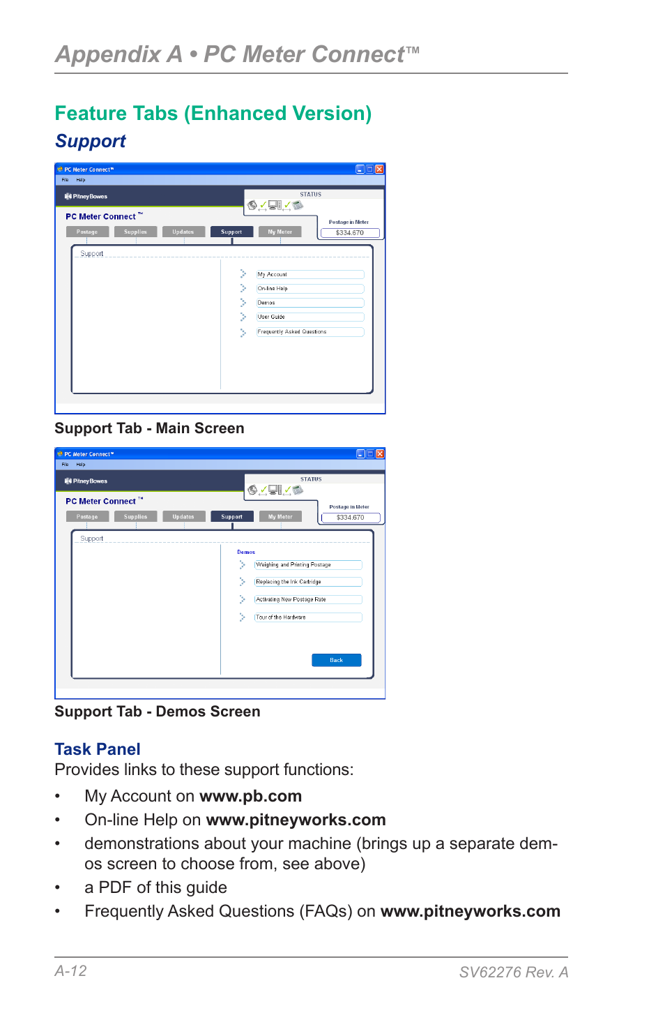 Support, Appendix a • pc meter connect, Feature tabs (enhanced version) | Pitney Bowes DM125 User Manual | Page 180 / 209