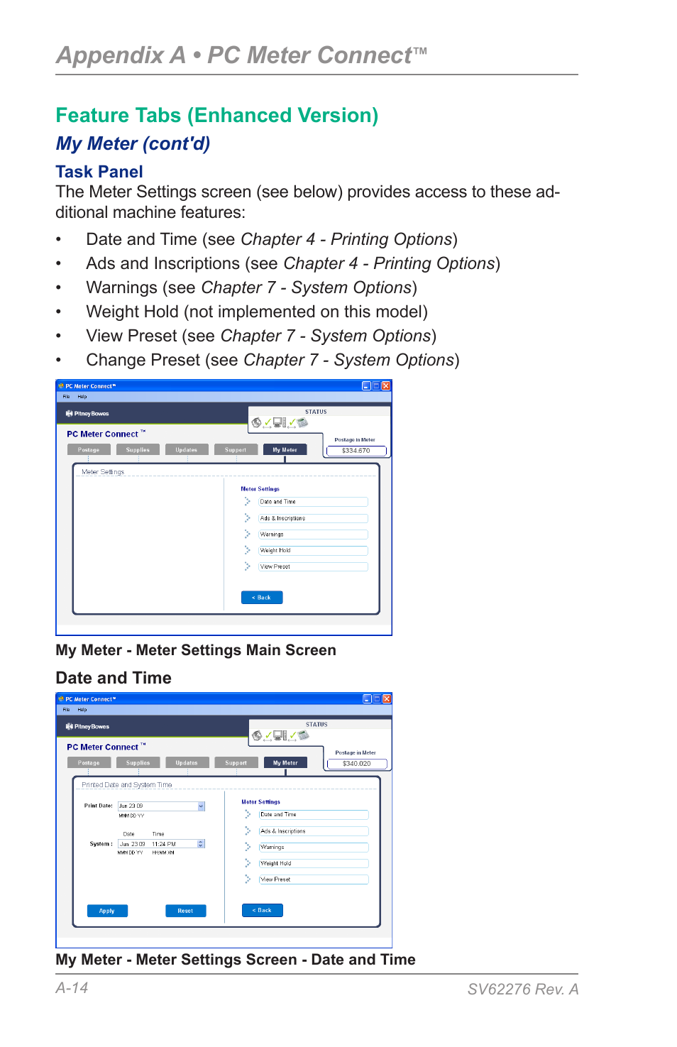 Appendix a • pc meter connect, Feature tabs (enhanced version) | Pitney Bowes DM125 User Manual | Page 182 / 209