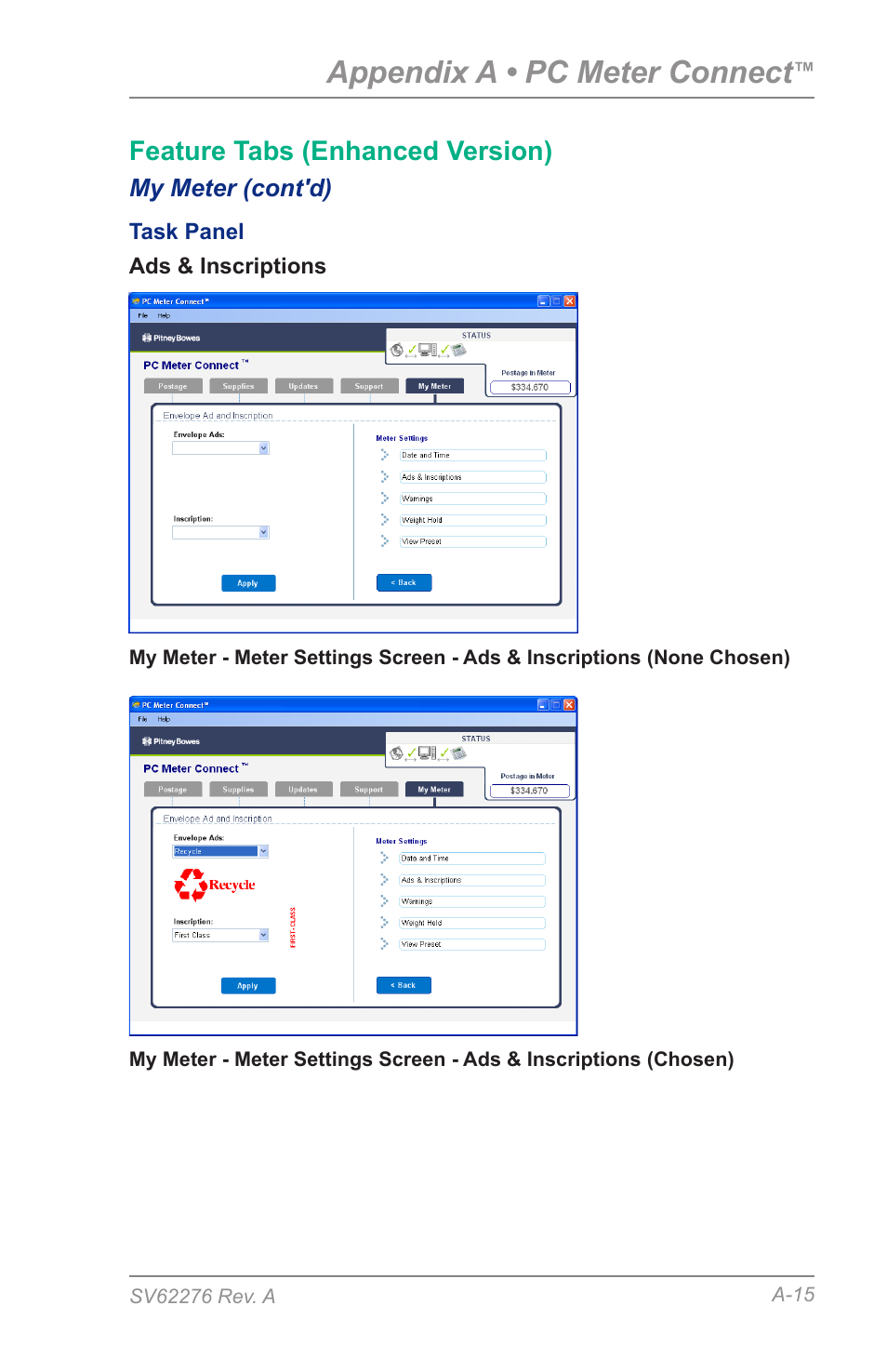 Appendix a • pc meter connect, Feature tabs (enhanced version) | Pitney Bowes DM125 User Manual | Page 183 / 209