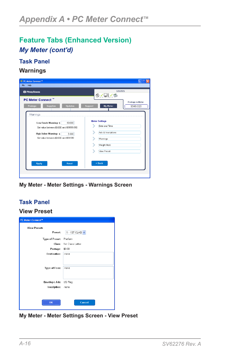 Appendix a • pc meter connect, Feature tabs (enhanced version) | Pitney Bowes DM125 User Manual | Page 184 / 209