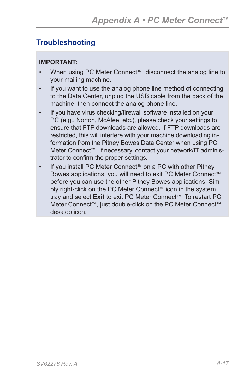 Troubleshooting, Appendix a • pc meter connect | Pitney Bowes DM125 User Manual | Page 185 / 209