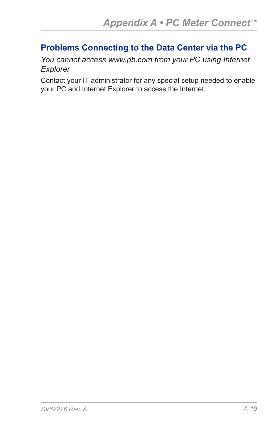 Problems connecting to the data center via the pc, Appendix a • pc meter connect | Pitney Bowes DM125 User Manual | Page 187 / 209