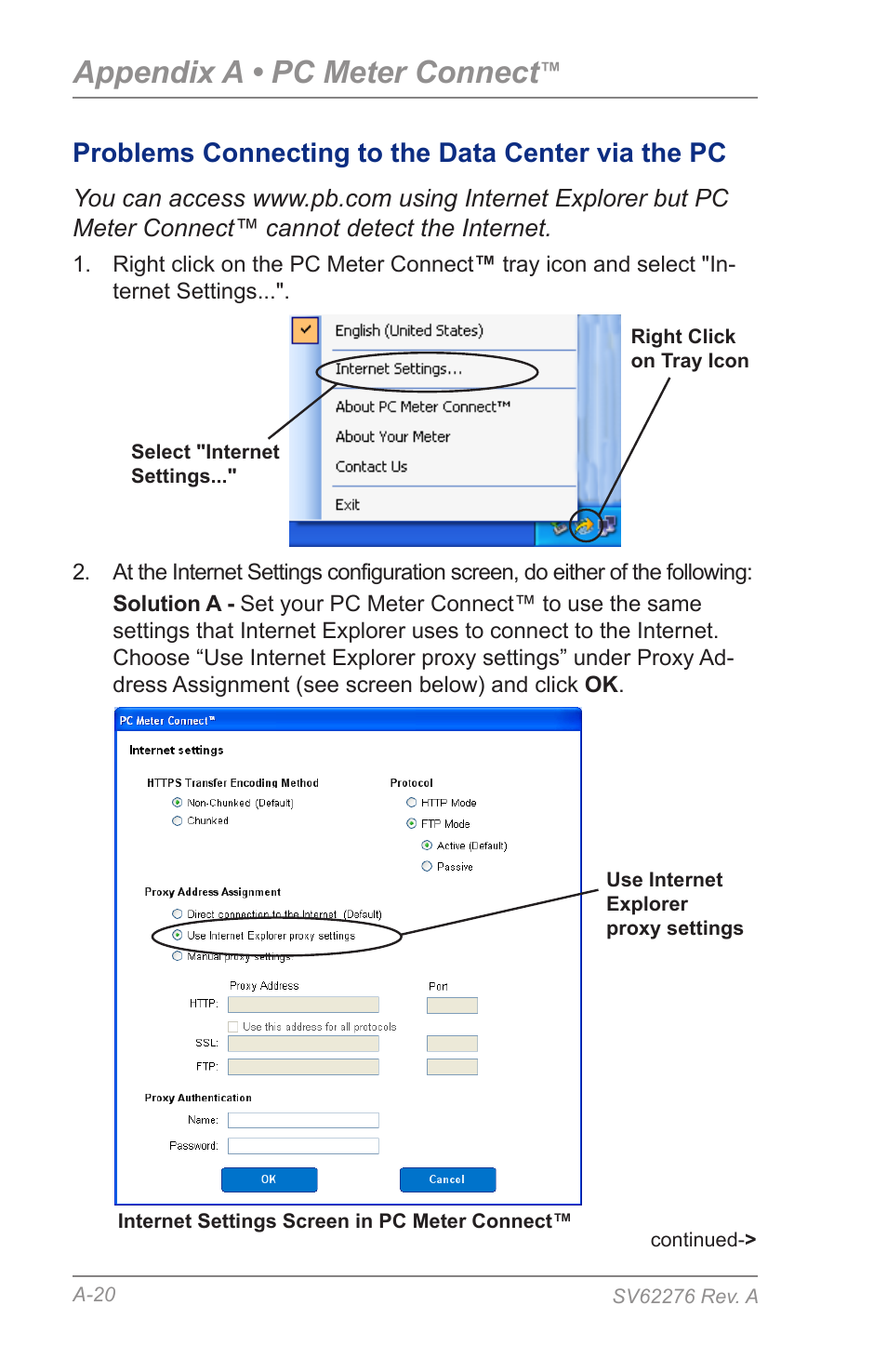 Appendix a • pc meter connect, Problems connecting to the data center via the pc | Pitney Bowes DM125 User Manual | Page 188 / 209