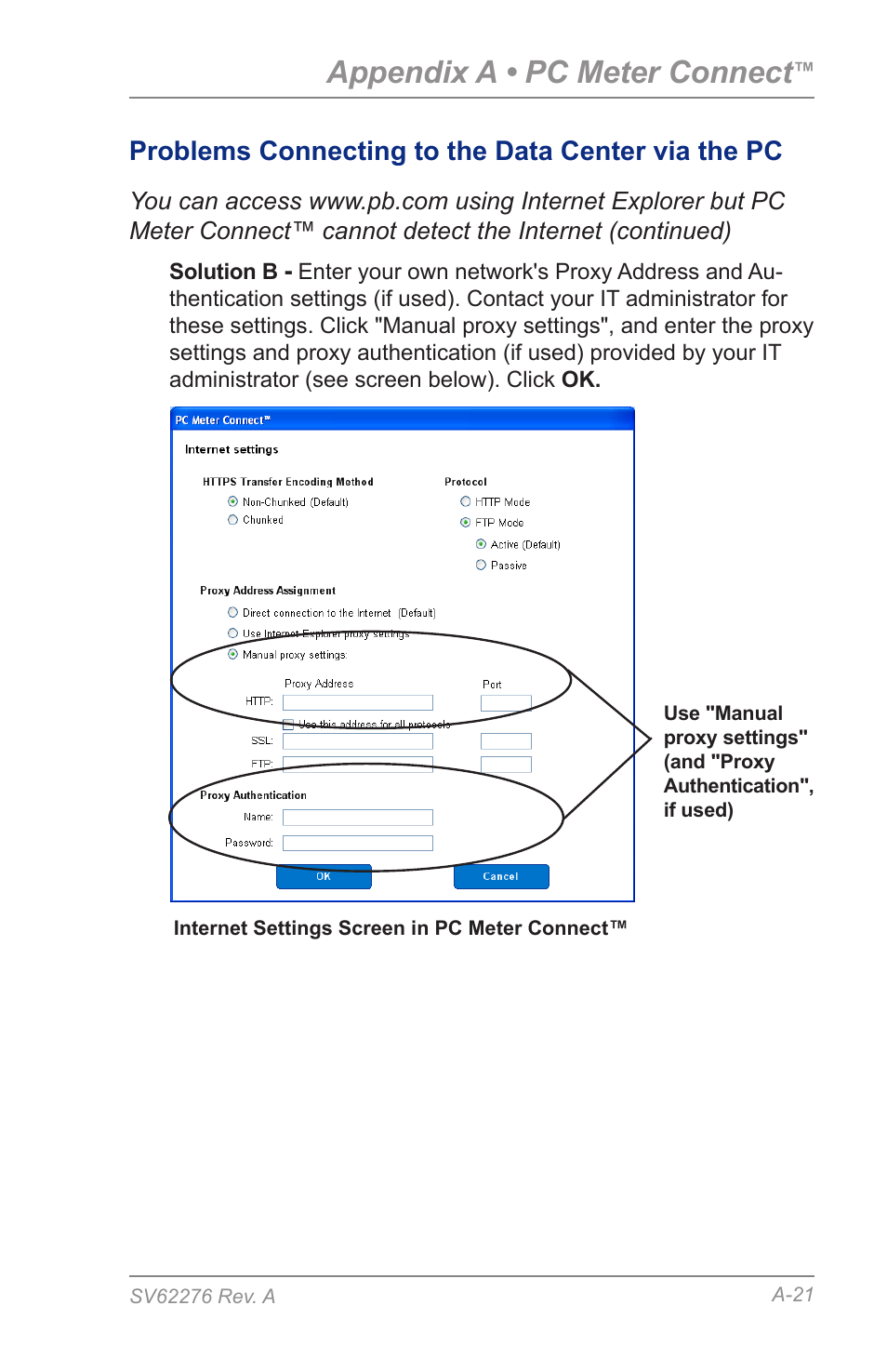 Appendix a • pc meter connect, Problems connecting to the data center via the pc | Pitney Bowes DM125 User Manual | Page 189 / 209