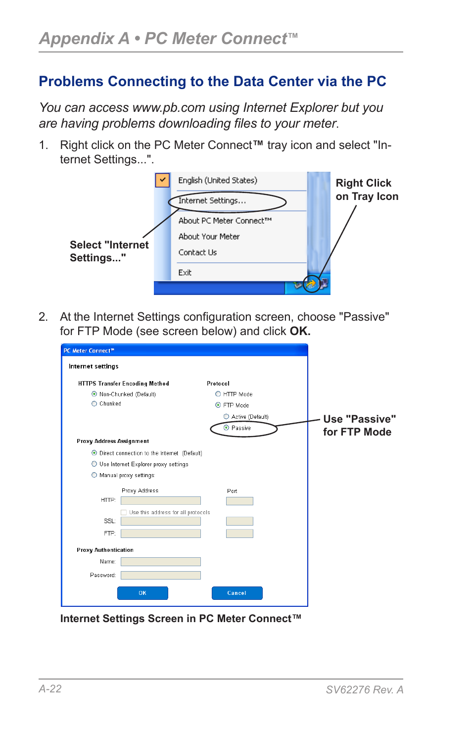 Appendix a • pc meter connect, Problems connecting to the data center via the pc | Pitney Bowes DM125 User Manual | Page 190 / 209