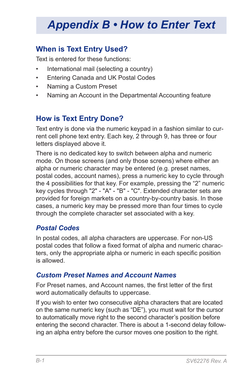 Appendix b • how to enter text, When is text entry used, How is text entry done | Postal codes, Custom preset names and account names | Pitney Bowes DM125 User Manual | Page 191 / 209