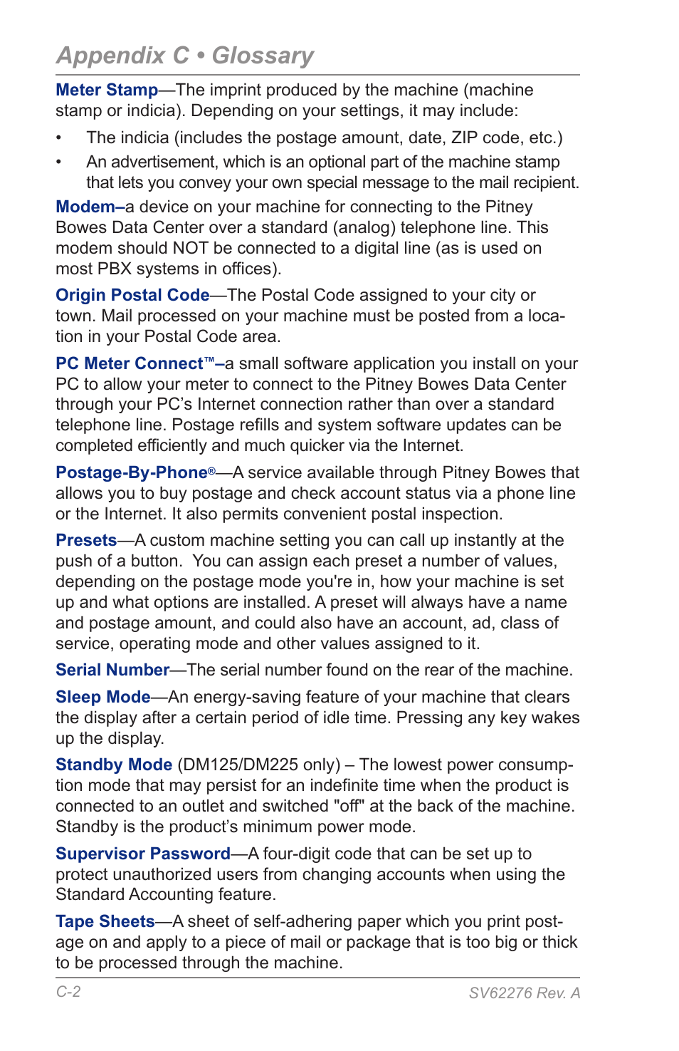 Appendix c • glossary | Pitney Bowes DM125 User Manual | Page 194 / 209