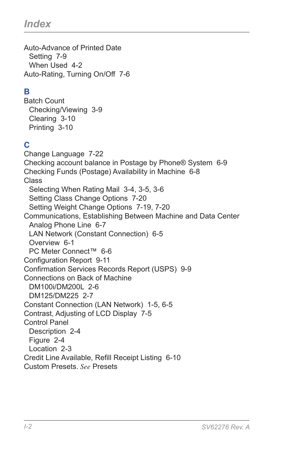 Index | Pitney Bowes DM125 User Manual | Page 198 / 209