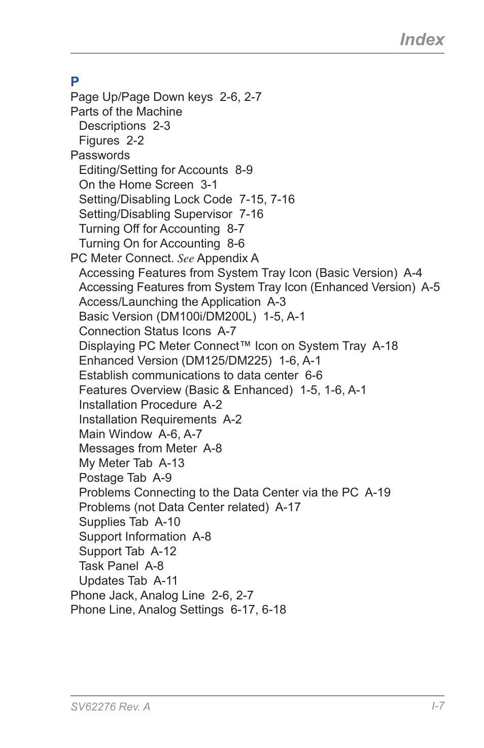 Index | Pitney Bowes DM125 User Manual | Page 203 / 209