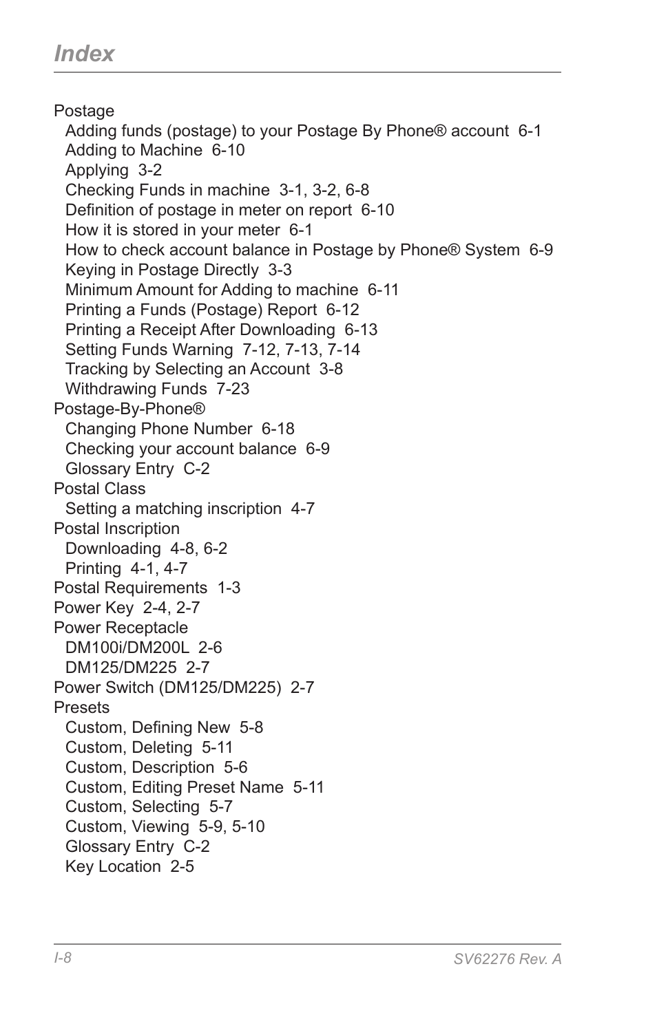 Index | Pitney Bowes DM125 User Manual | Page 204 / 209