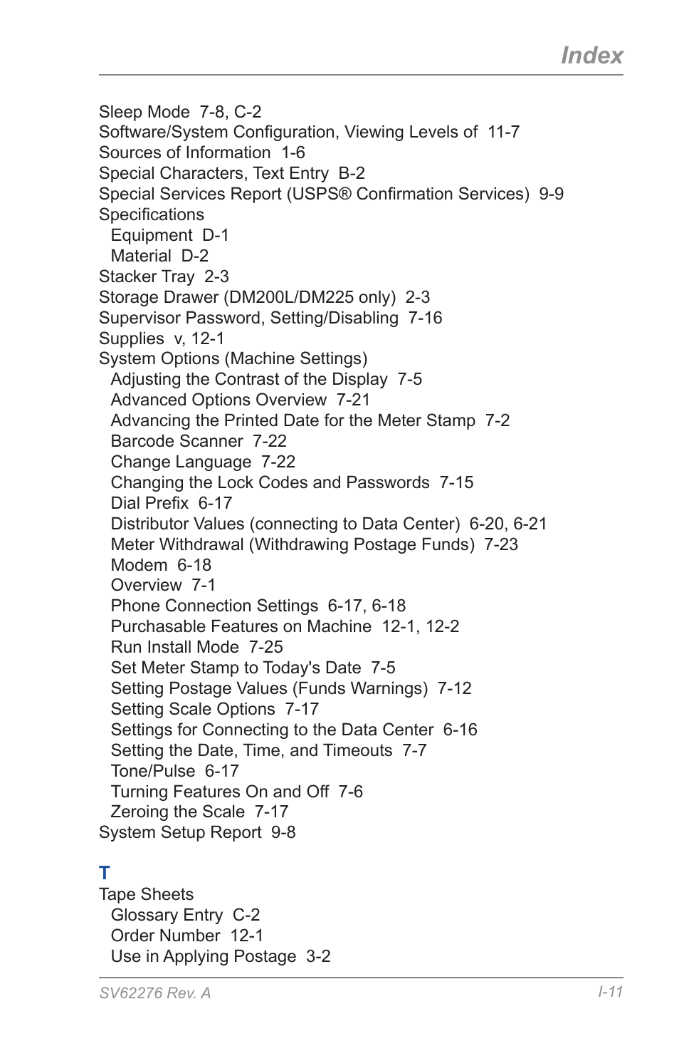 Index | Pitney Bowes DM125 User Manual | Page 207 / 209