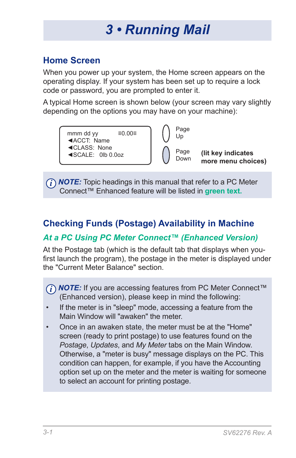 3 • running mail, Home screen, Checking funds (postage) availability in machine | Pitney Bowes DM125 User Manual | Page 29 / 209