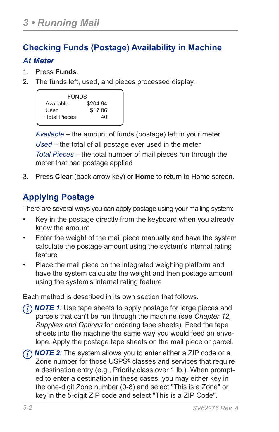 Applying postage, 3 • running mail, Checking funds (postage) availability in machine | Pitney Bowes DM125 User Manual | Page 30 / 209