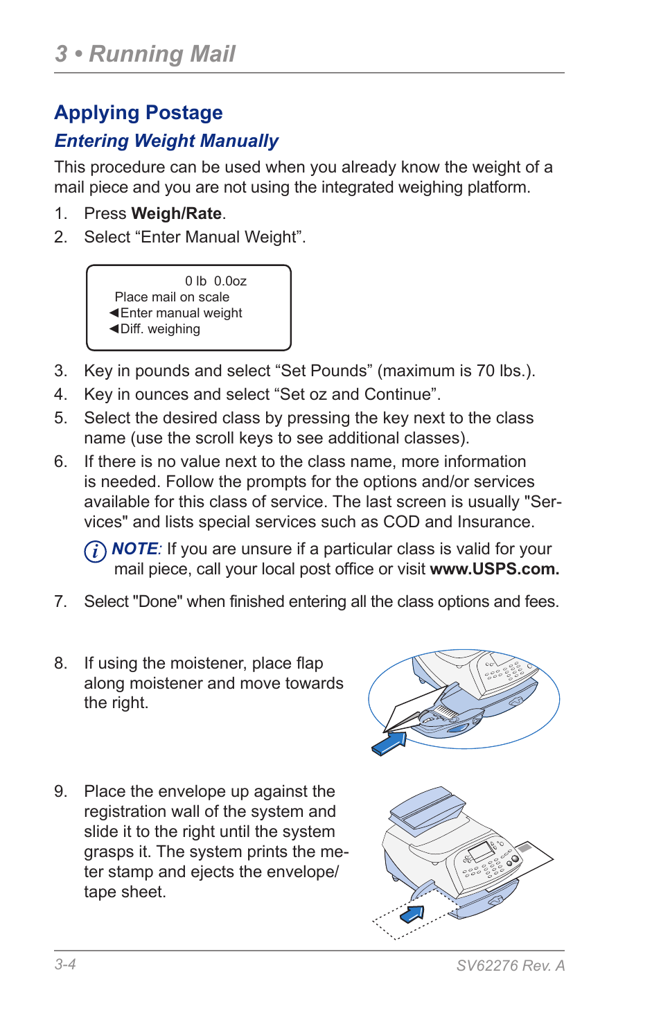 Entering weight manually, 3 • running mail, Applying postage | Pitney Bowes DM125 User Manual | Page 32 / 209