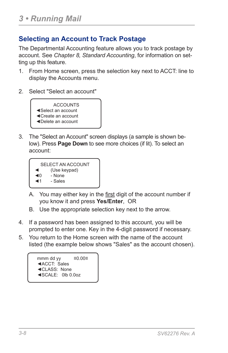 Selecting an account to track postage, 3 • running mail | Pitney Bowes DM125 User Manual | Page 36 / 209