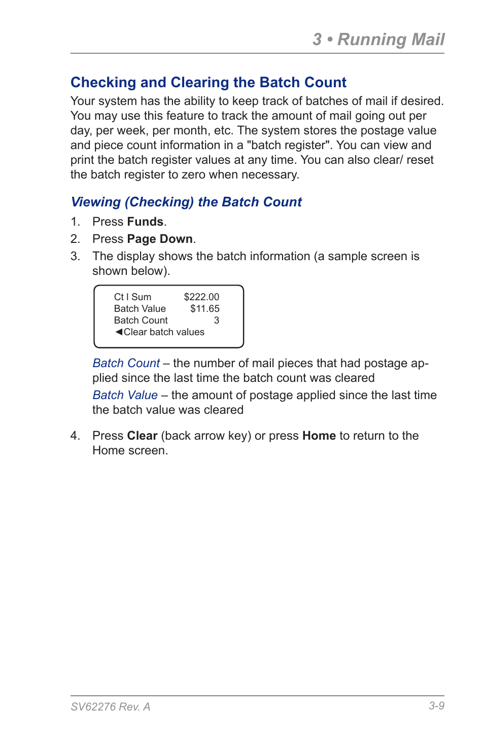 Checking and clearing the batch count, Viewing (checking) the batch count, 3 • running mail | Pitney Bowes DM125 User Manual | Page 37 / 209