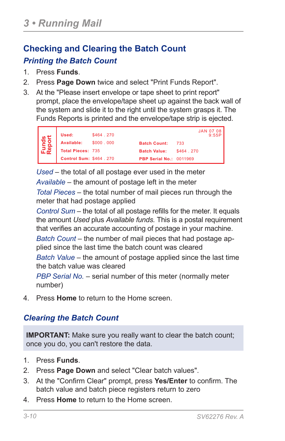 Printing the batch count, Clearing the batch count, 3 • running mail | Checking and clearing the batch count | Pitney Bowes DM125 User Manual | Page 38 / 209