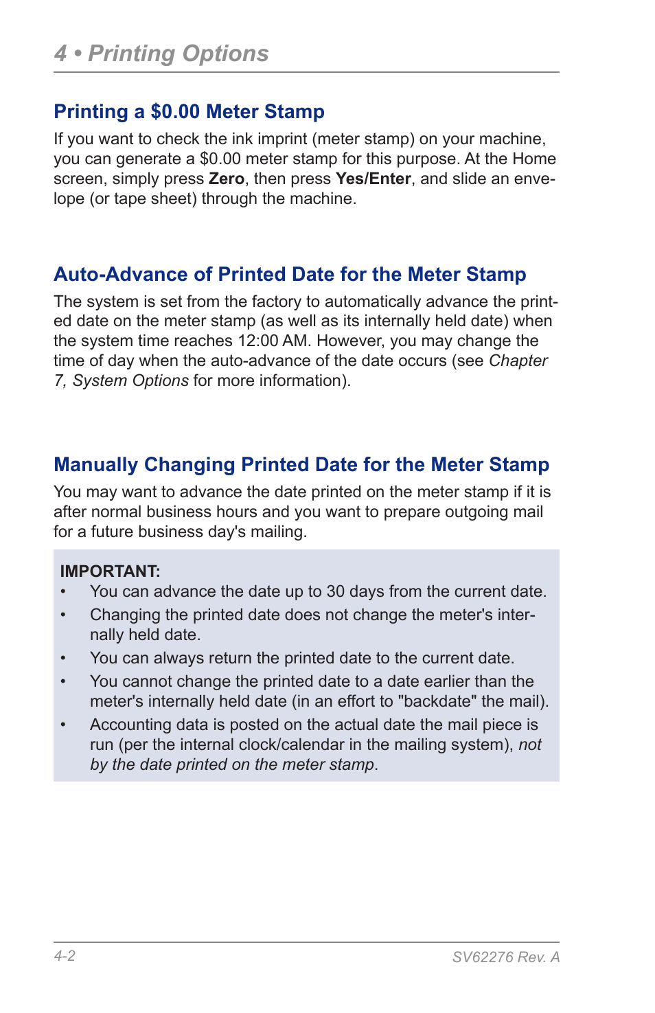 Printing a $0.00 meter stamp, Auto-advance of printed date for the meter stamp, Manually changing printed date for the meter stamp | 4 • printing options | Pitney Bowes DM125 User Manual | Page 40 / 209