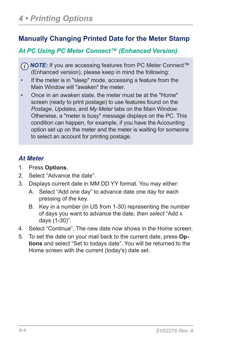 4 • printing options, Manually changing printed date for the meter stamp | Pitney Bowes DM125 User Manual | Page 42 / 209