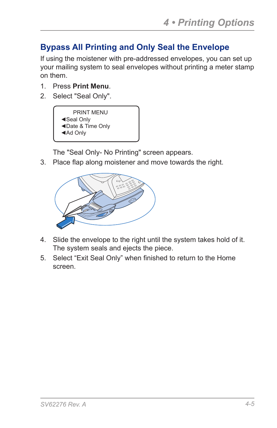 Bypass all printing and only seal the envelope, 4 • printing options | Pitney Bowes DM125 User Manual | Page 43 / 209