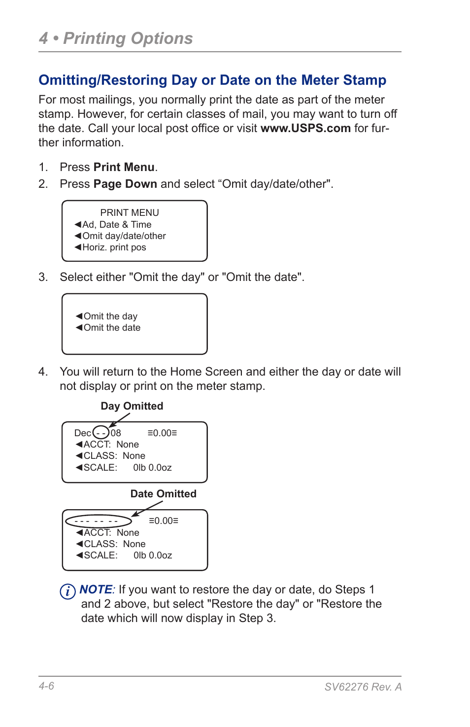 Omitting/restoring day or date on the meter stamp, 4 • printing options | Pitney Bowes DM125 User Manual | Page 44 / 209