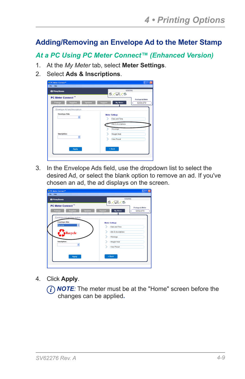 Adding/removing an envelope ad to the meter stamp, 4 • printing options | Pitney Bowes DM125 User Manual | Page 47 / 209