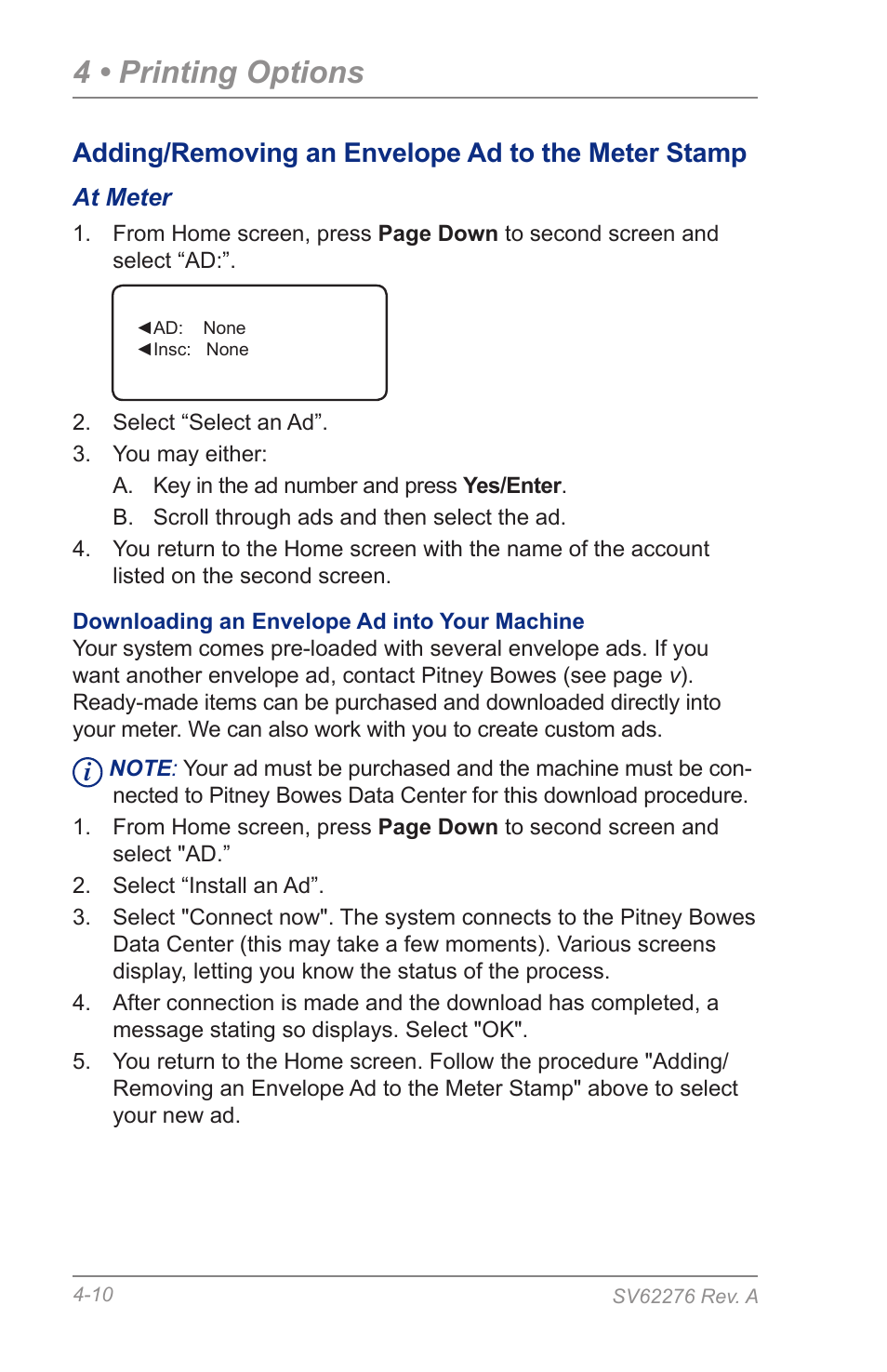 4 • printing options, Adding/removing an envelope ad to the meter stamp | Pitney Bowes DM125 User Manual | Page 48 / 209