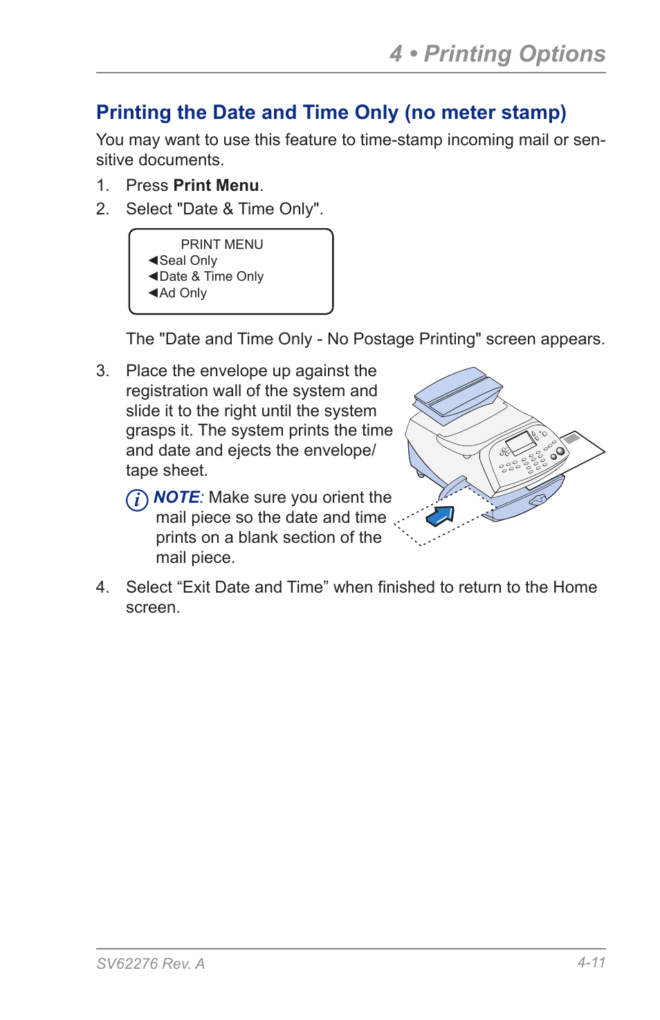 Printing the date and time only (no meter stamp), 4 • printing options | Pitney Bowes DM125 User Manual | Page 49 / 209